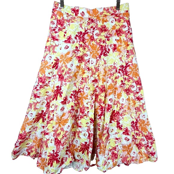 Woman Within Dresses & Skirts - Woman Within Midi Skirt Womens 12 Petite Orange Floral Print Linen Boho Pockets